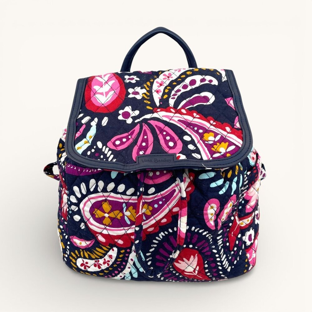 Vera Bradley Paisley Quilted Backpack Purple Pink blue Drawstring & Snap Closure - Picture 4 of 11